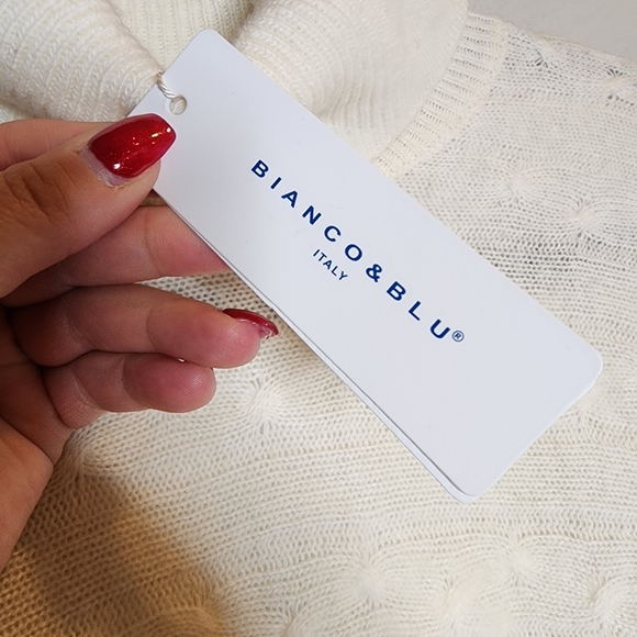 NWT Bianco & Blu Cashmere Merino Wool Cable Knit Cream Sweater Small Oversized - Picture 15 of 16